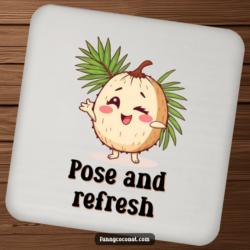 Funny drink coaster featuring a coconut character winking charmingly while striking a pose with a palm frond, adding tropical humor.