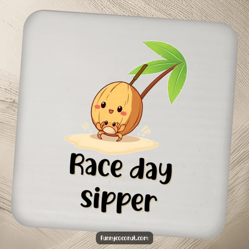 Funny drink coaster with a coconut racing a tiny crab on the sand, perfect for tables.