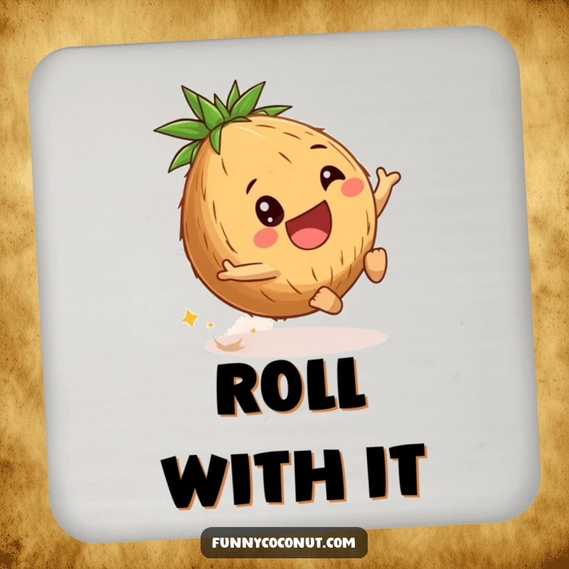 Funny coconut drink coaster depicting a delighted young coconut rolling downhill, protecting surfaces with a playful and humorous design.