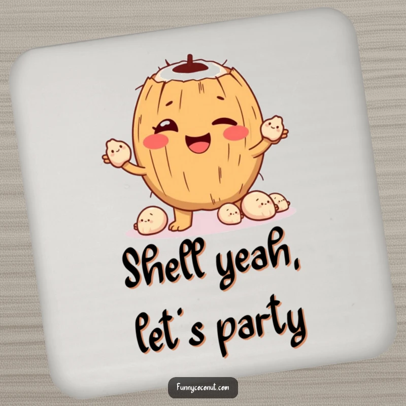 Funny Coaster: A winking coconut juggles happy seashells, adorably protecting surfaces with a playful, beach-themed charm.