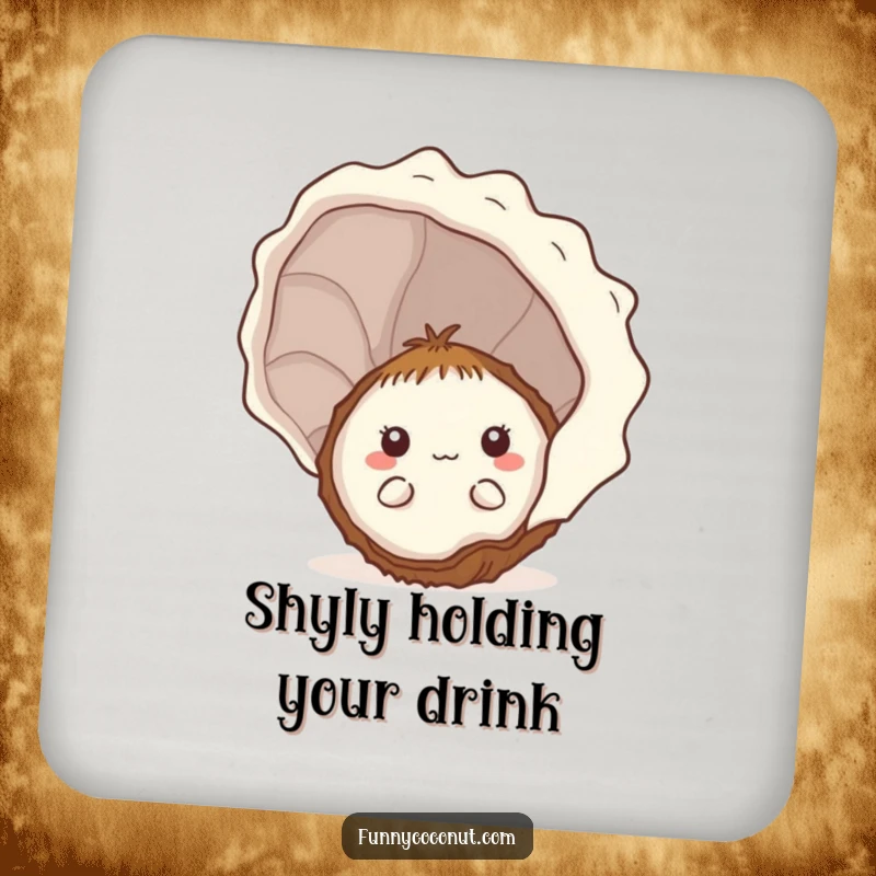 Funny shy kawaii coconut peeking from behind a seashell on a protective coaster, adding subtle humor to tables.