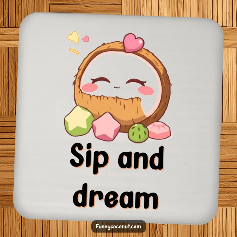 Funny coconut drink coasters featuring a dreaming coconut, adding a touch of tropical humor to any tabletop setting.