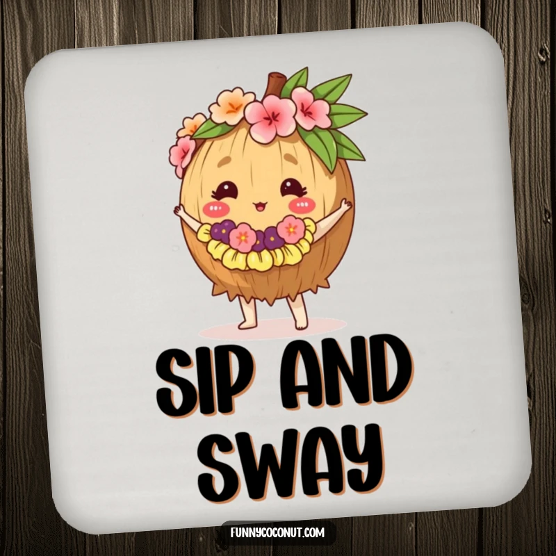 Funny drink coaster featuring a coconut wearing a lei, dancing the hula, a cheerful addition to any table.