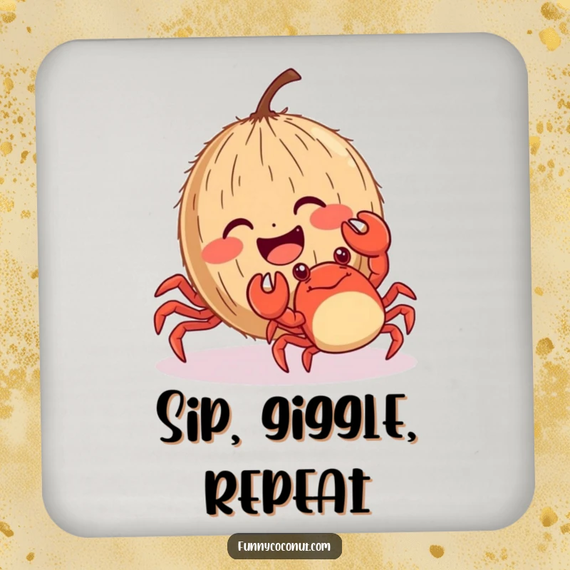 Funny giggling coconut with rosy cheeks being tickled by a crab, a humorous and functional drink coaster.