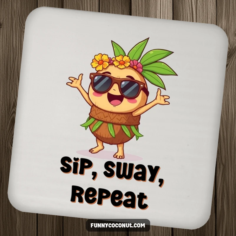 Funny drink coaster featuring a happy coconut in sunglasses, doing a lively hula dance, adding tropical flair.
