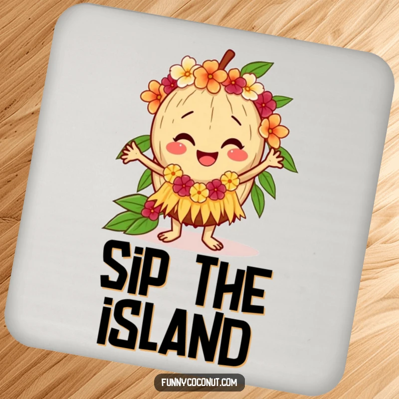 Funny coconut drink coaster depicting a happy coconut doing a hula dance with a lei, protecting surfaces with a tropical and humorous design.