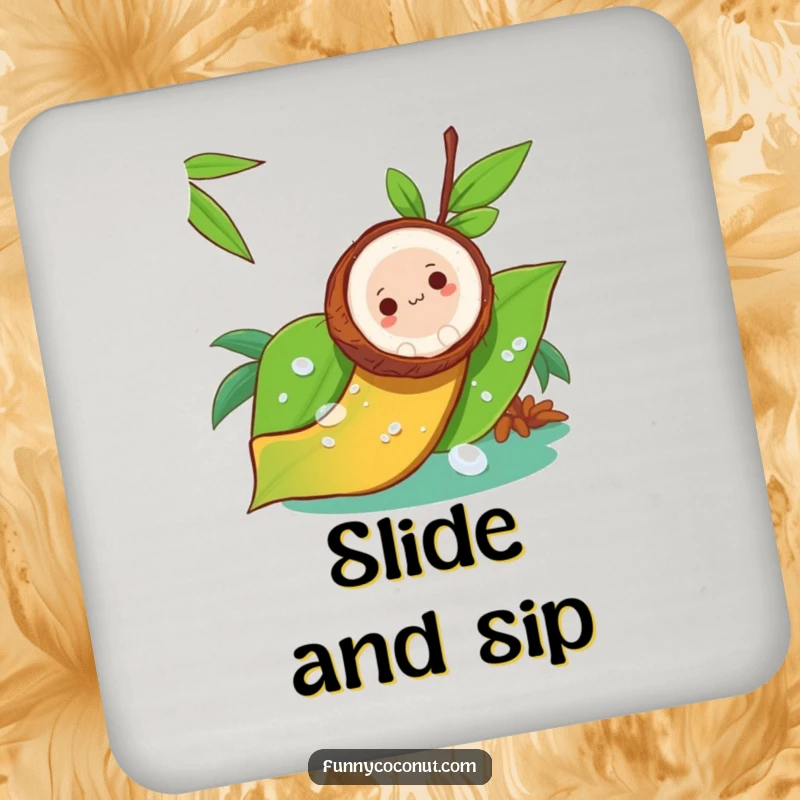 Funny drink coaster featuring a coconut sliding down a dewy leaf like a slide, a playful addition to any table.