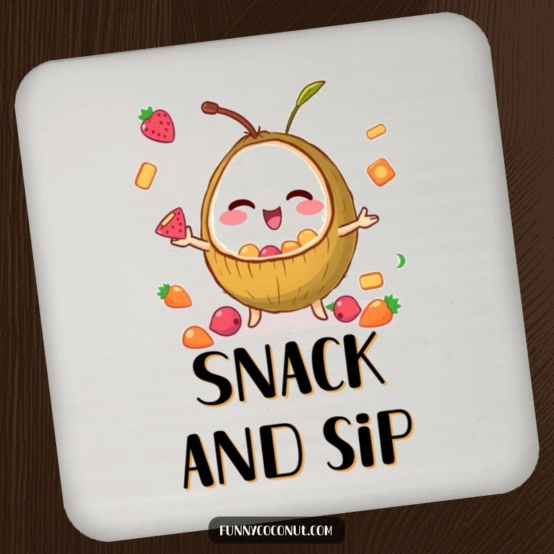 Funny drink coaster featuring a winking coconut artistically juggling tiny fruit snacks, adding a touch of playful humor to any table.