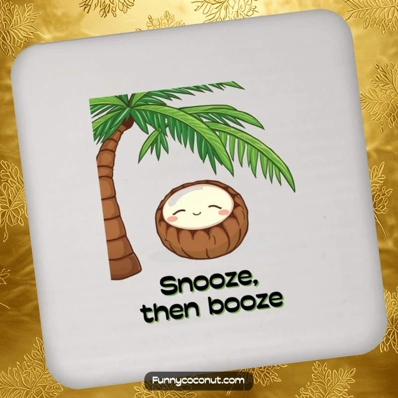 Funny drink coaster featuring a sleeping coconut with a peaceful smile under a palm tree, offering surface protection.