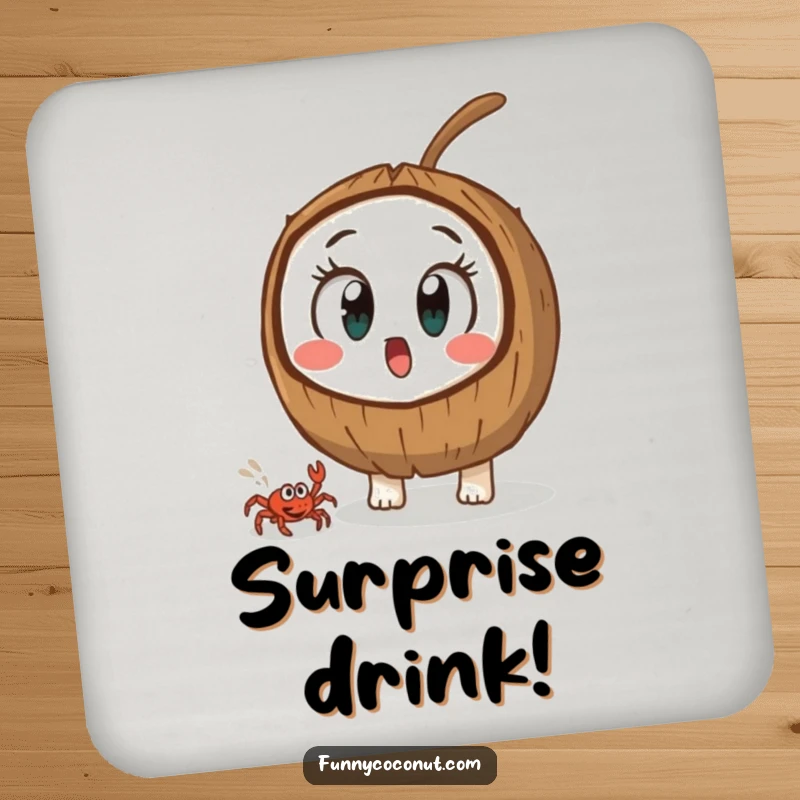 Funny coconut with wide, shocked eyes, watching a small crab, a humorous and protective drink coaster.