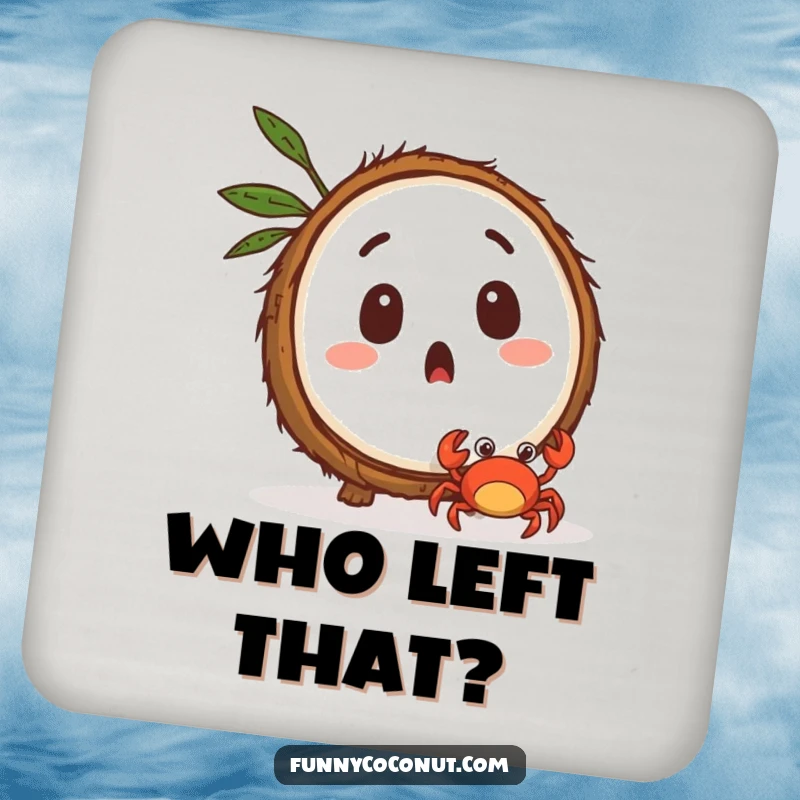 Funny surprised coconut character watching a tiny crab scuttle away, a charming coaster for drinks.