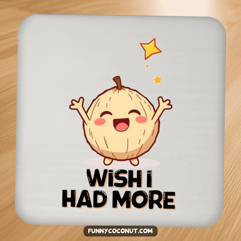 Funny drink coaster showing a delighted coconut catching a shooting star, shielding surfaces with celestial charm and humor.