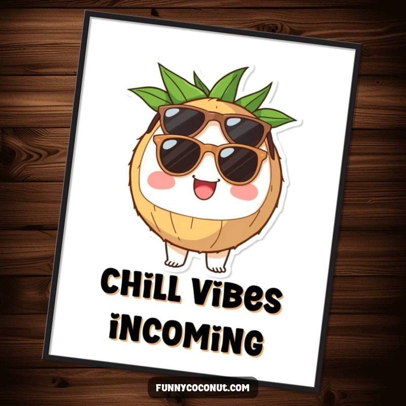 Funny coconut half poster wearing sunglasses, beaming with cheerful tropical vibes, perfect for adding humor to any room.