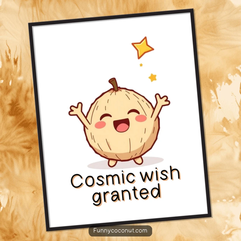 Funny poster art of a delighted coconut with arms reaching out, joyfully catching a shooting star against a starry sky.