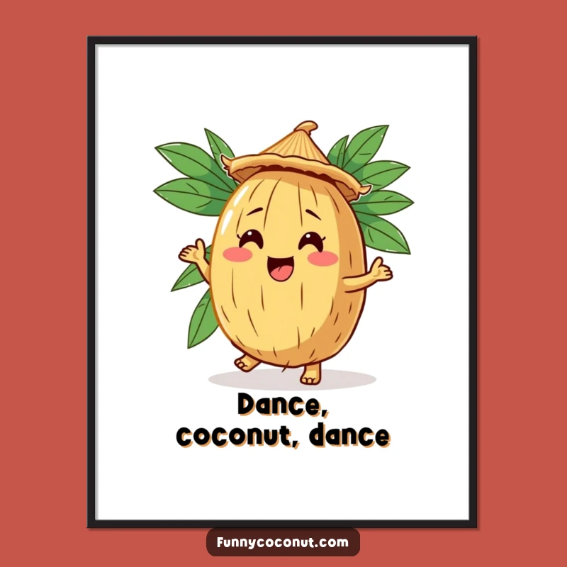 Funny Coconut Jig Poster: Comical Tropical Art of a Straw Hat Character Dancing