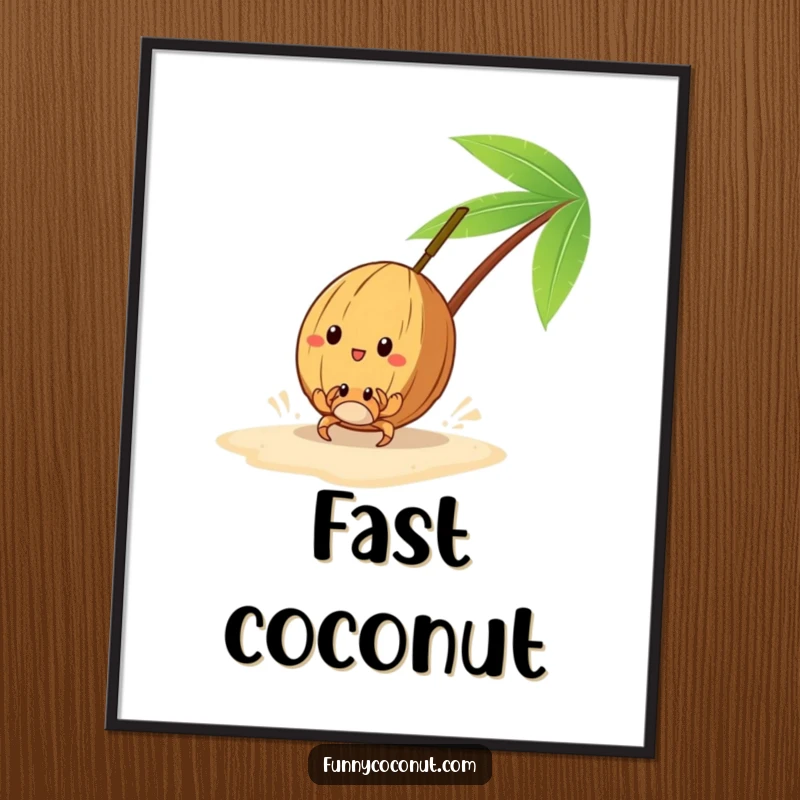 Funny poster print of a coconut racing a tiny crab on the sand, perfect for beach-themed decor.