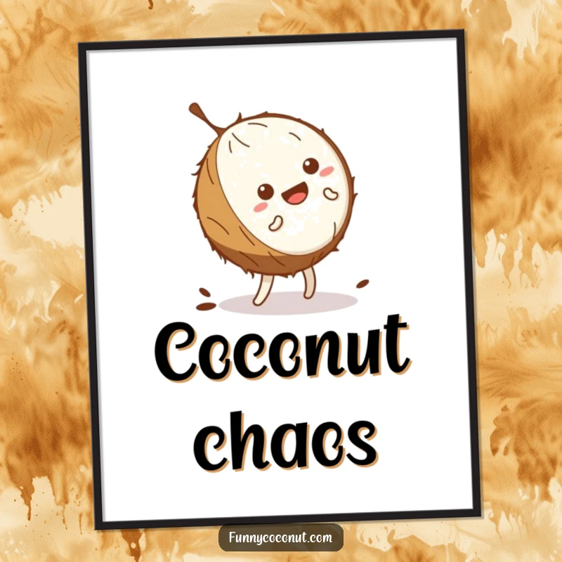 Funny kawaii coconut wobbling comically while attempting a cartwheel, presented as a humorous art poster for decor.