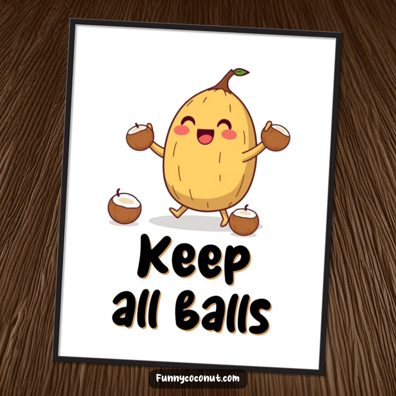 Funny Coconut Juggler Poster: A jubilant coconut character attempts to juggle smaller coconuts with a happy expression, showcasing skill and fun, great art.
