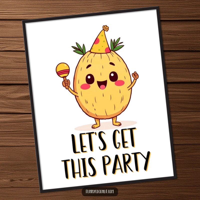 Funny Coconut Poster: A cheerful coconut character wearing a party hat shakes maracas, radiating happiness and a festive party atmosphere, great wall art.