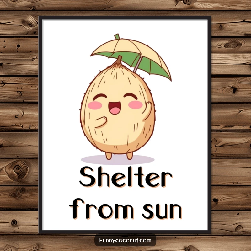 Funny poster art depicting a coconut character in fits of giggles, artfully balancing a miniature umbrella on its head, showcasing tropical silliness.