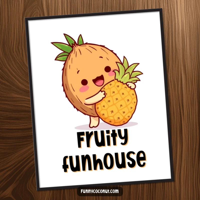 Funny coconut poster showing a coconut character playfully bopping a miniature pineapple with its husk, tropical artwork.