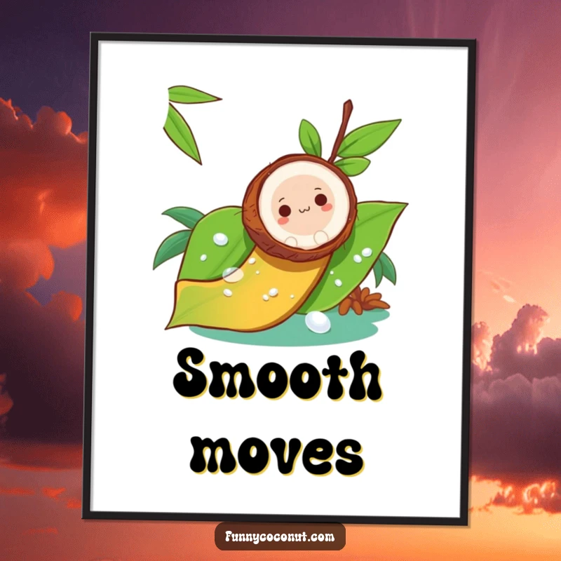 Funny poster showcasing a coconut joyfully sliding down a dewy leaf, depicted like a thrilling natural slide.