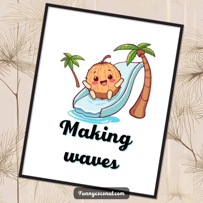 Funny Poster: A dynamic illustration of a smiling coconut character sliding down a bright blue waterslide, evoking cheerful summer feelings.