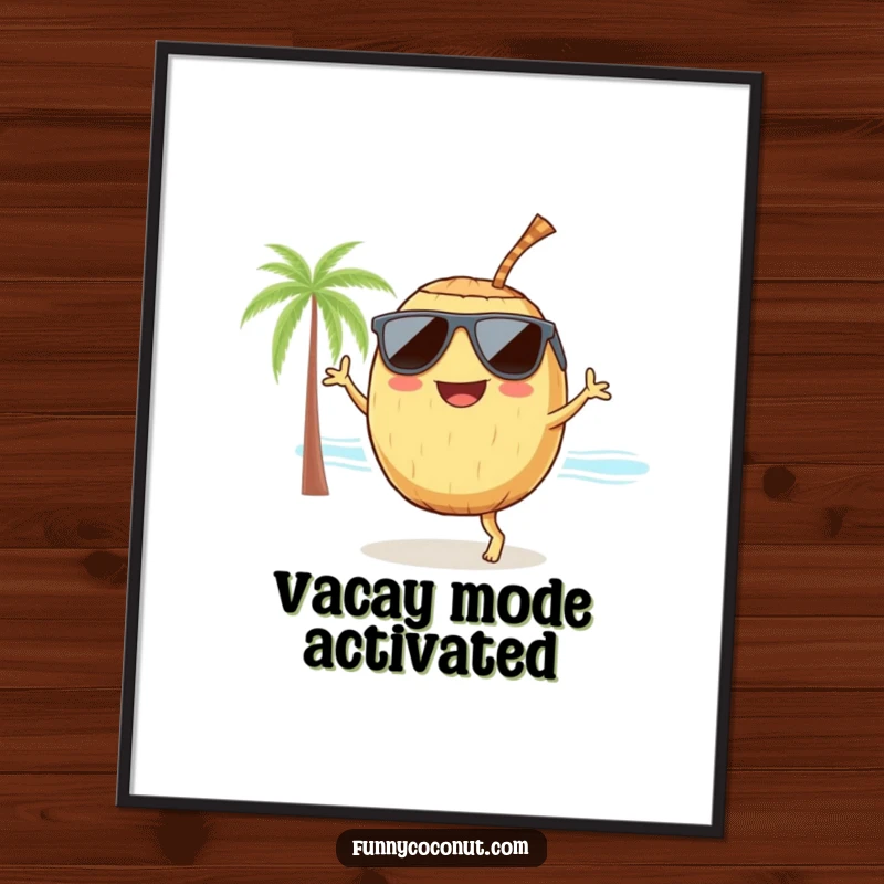 Funny coconut character wearing sunglasses and a straw, dancing enthusiastically on a sandy beach, bringing vibrant energy to wall decor.