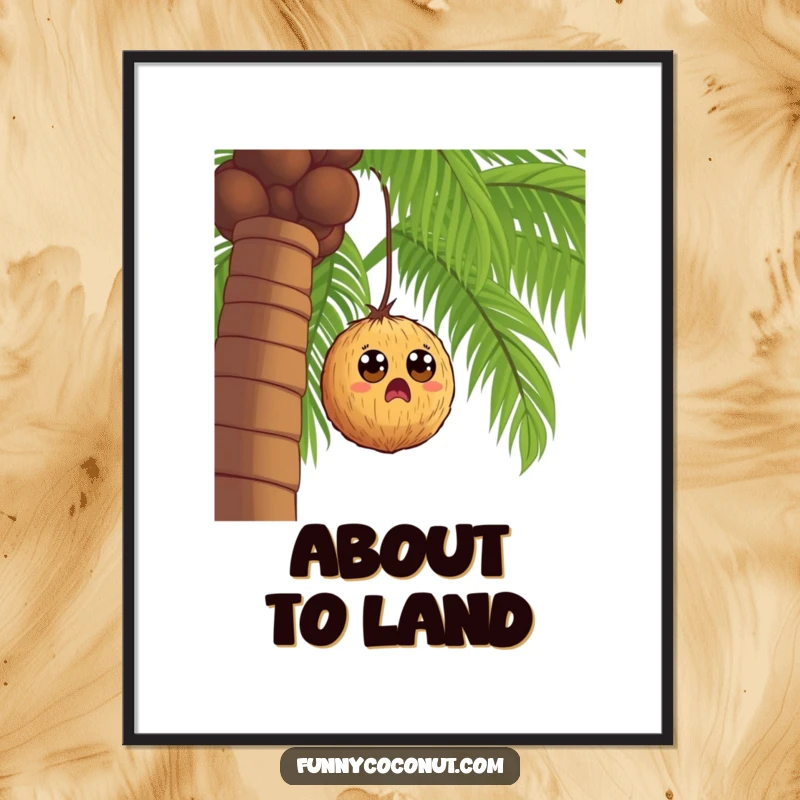 Surprised coconut with wide eyes falling from a palm tree, a funny and comical poster for humorous wall decor.