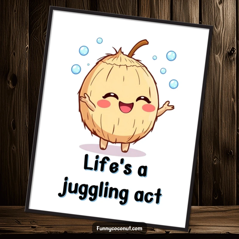 Funny giggling coconut character poster juggling dewdrops, conveying pure joy and playful energy, ideal for whimsical decor.
