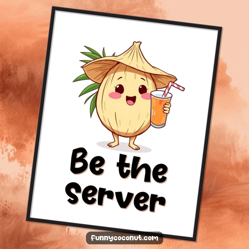 Funny kawaii coconut in a straw hat, enthusiastically serving a drink, presented as vibrant tropical wall art.