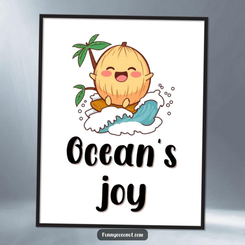 Funny laughing kawaii coconut riding a miniature wave, presented as a humorous art poster for vibrant decor.