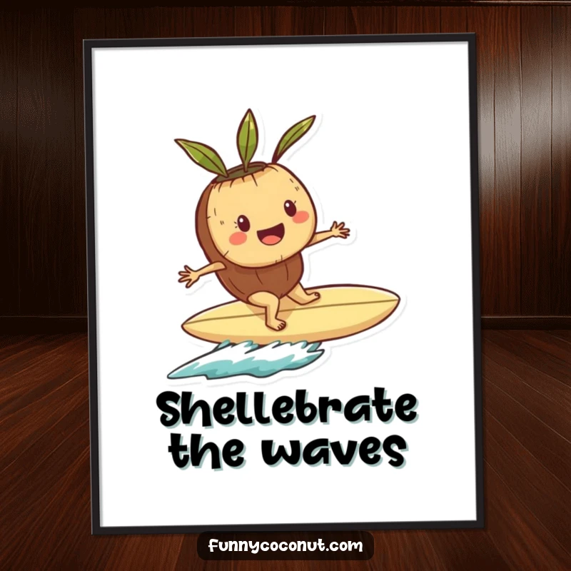 Funny poster print of a happy coconut character surfing a seashell surfboard on a stylized ocean wave.