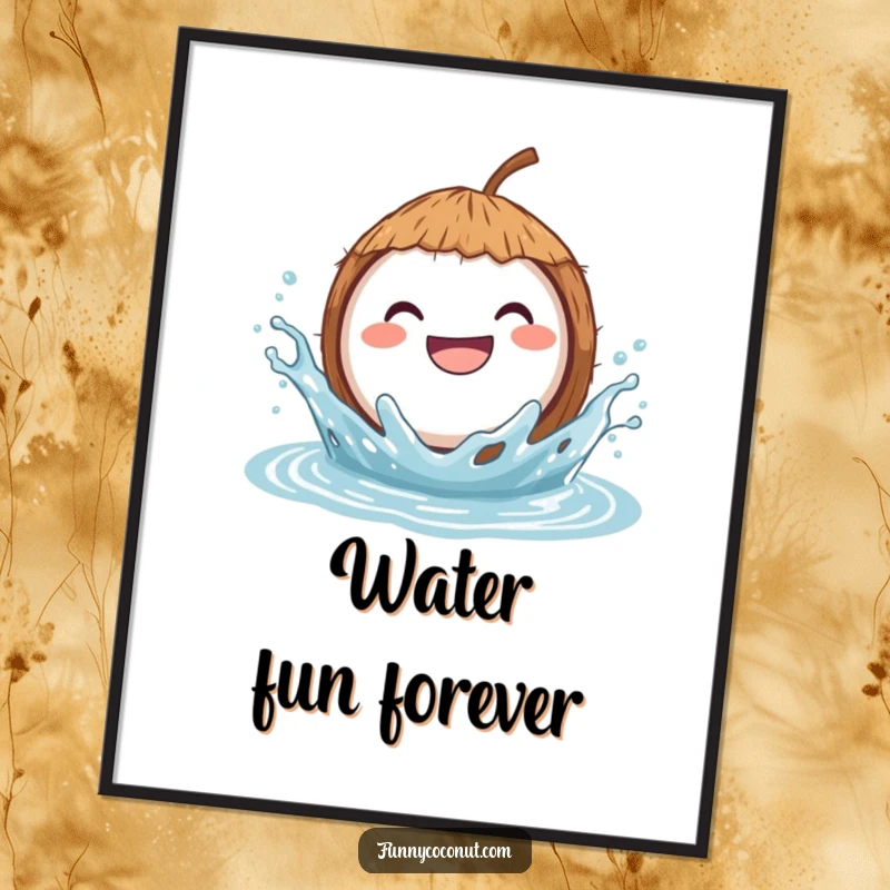 Funny poster depicting a wide-grinning coconut joyfully splashing in water, radiating infectious happiness and a love for aquatic fun.