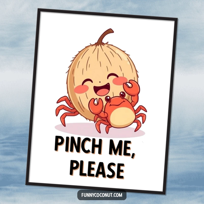 Funny giggling coconut with rosy cheeks being tickled by a crab, a comical and cheerful poster for any room.
