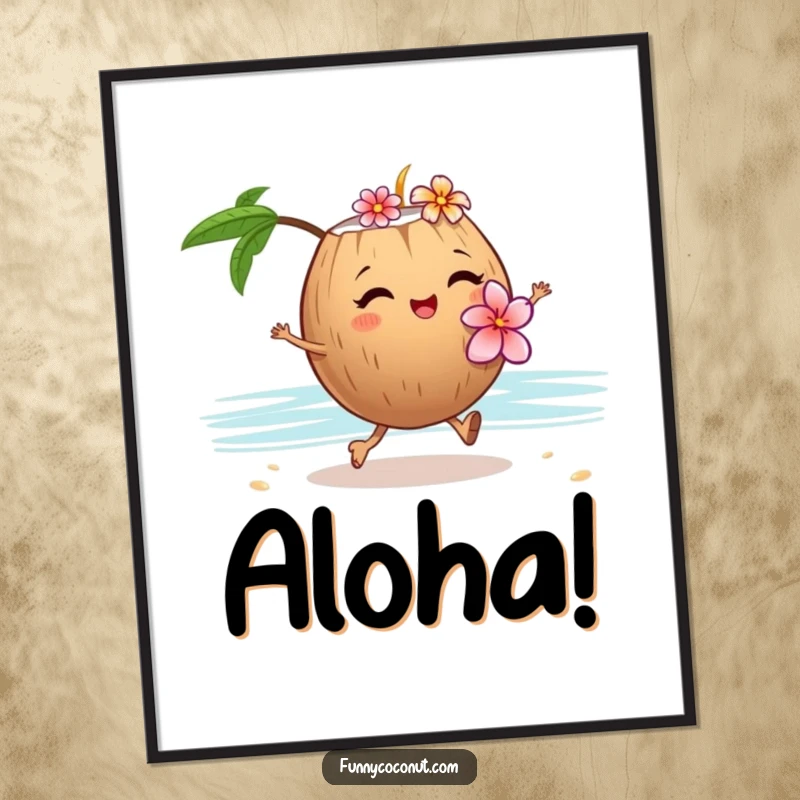 Funny art poster of a winking coconut wearing a flower lei, joyfully skipping on sand, evoking tropical beach fun.
