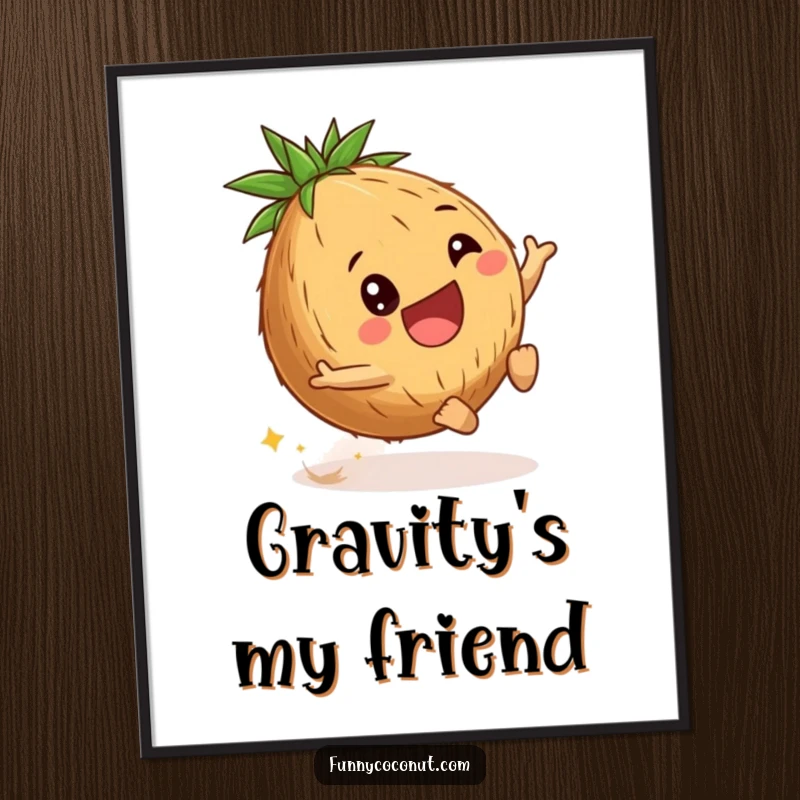 Funny coconut poster illustrating a delighted young coconut energetically rolling downhill, creating a scene of pure, carefree fun.