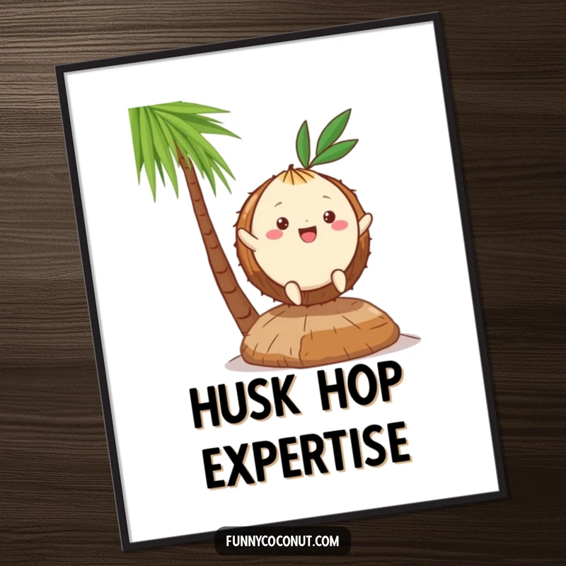 Funny Kawaii Coconut Poster: a vibrant depiction of a cute character gleefully hopping on a husk, exuding pure happiness.
