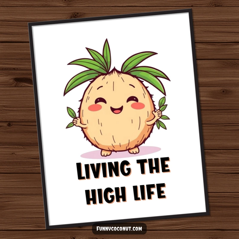 Funny kawaii coconut artistically juggling three small palm leaves, creating a vibrant and cheerful wall art piece.