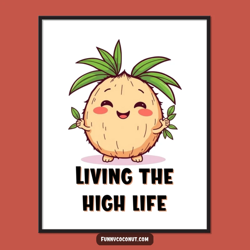 Funny Kawaii Coconut Juggling Leaves Poster - Vibrant Tropical Wall Art Gift