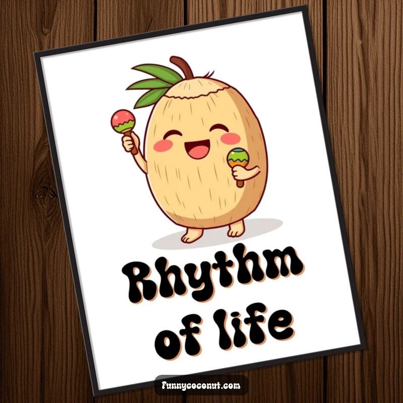Funny poster art of a coconut character with eyes closed in pure bliss, joyfully ringing tiny maracas, capturing a moment of musical celebration.