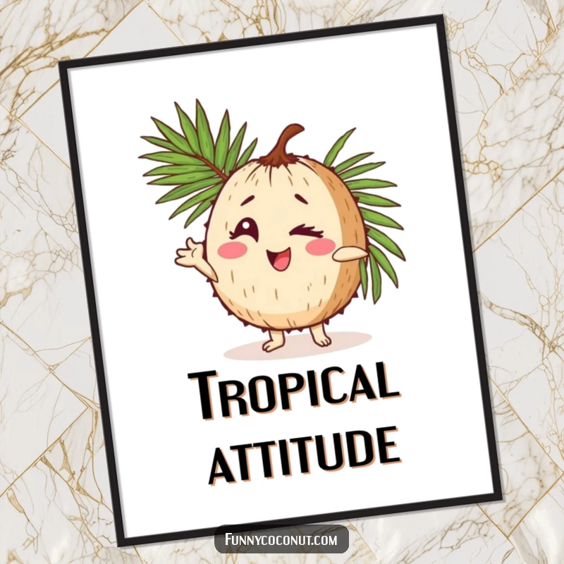 Funny poster art of a coconut character winking playfully while striking a comical pose, using a palm frond as a prop for maximum effect.