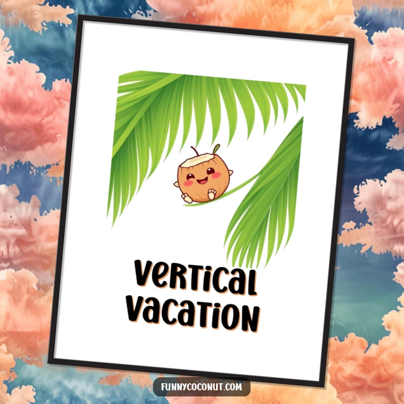 Funny smiling coconut character sliding down a palm frond, a cheerful art print for tropical decor.