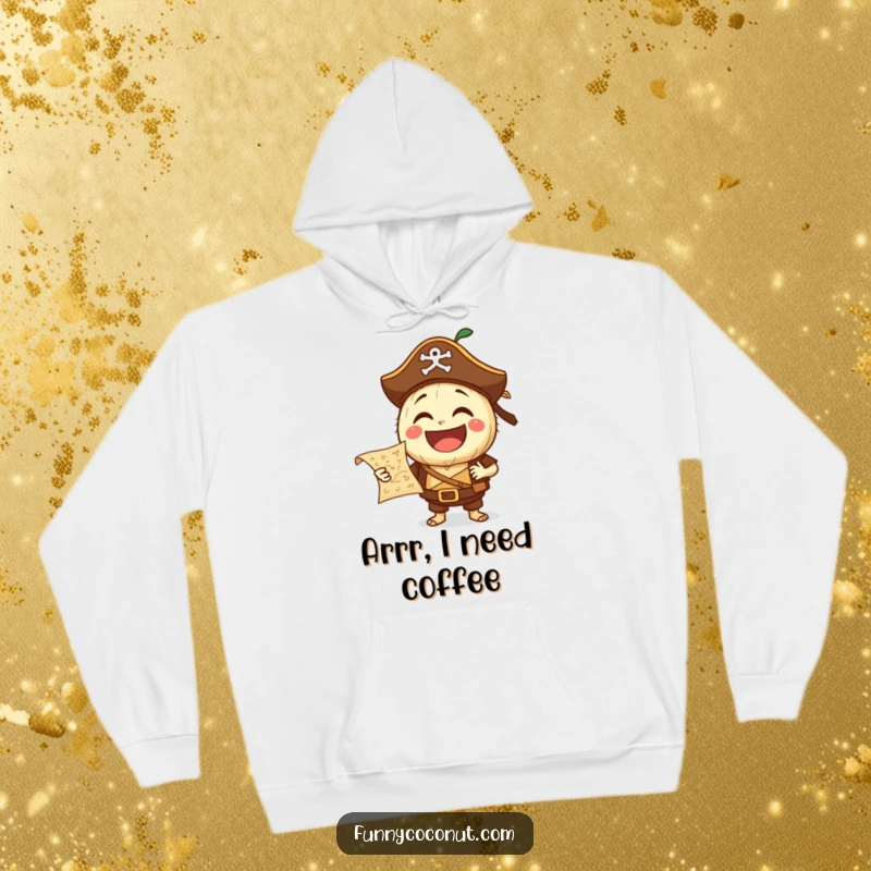 Funny Pirate Coconut Hoodie: A laughing coconut character in pirate gear holds a treasure map, offering cozy comfort and a sense of swashbuckling fun.