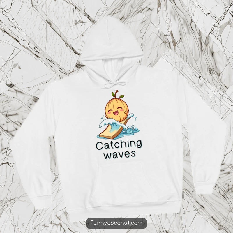 Funny hooded sweatshirt featuring a giggling coconut character being pushed down a slide by a small wave.