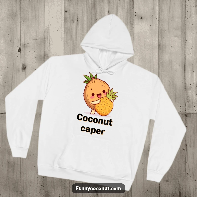 Funny coconut hoodie showing a coconut character playfully bopping a miniature pineapple with its husk, cozy tropical vibes.