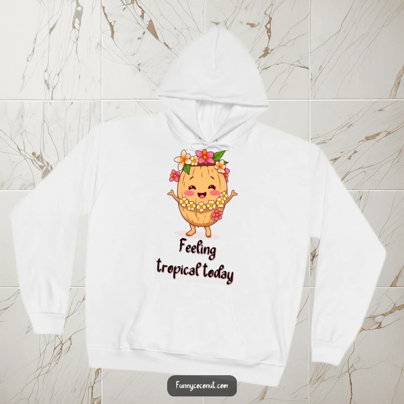 Funny Coconut Hoodie, featuring a dancing coconut with a flower lei, perfect for staying warm and festive, a fantastic funny gift.