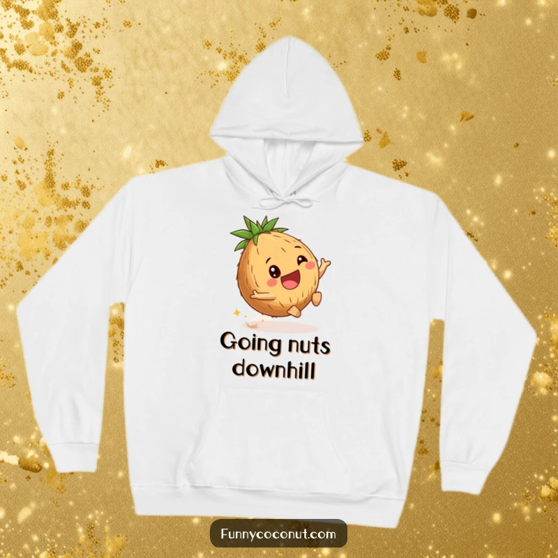 Funny coconut hoodie featuring a delighted young coconut playfully rolling downhill, offering warmth and a dose of carefree adventure.