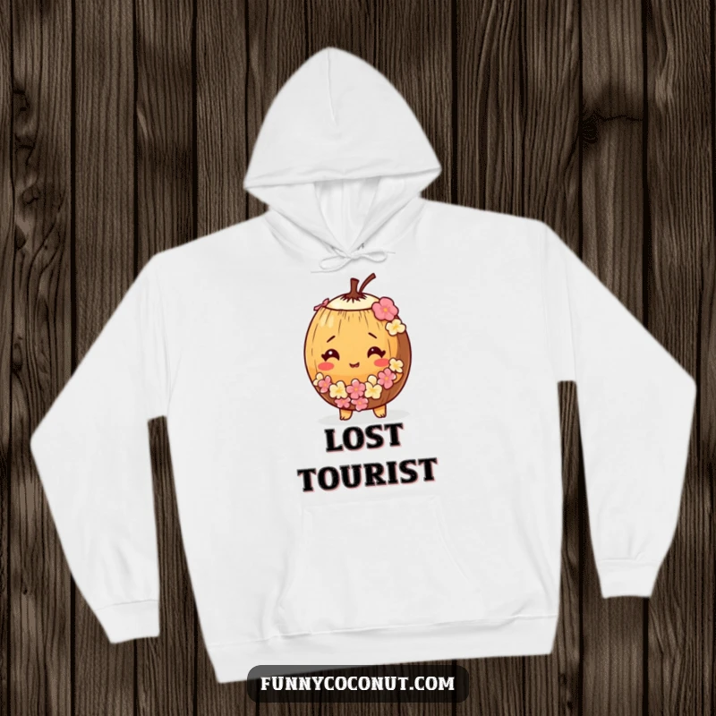 Funny, cozy hoodie featuring a bewildered coconut wearing a tiny lei, perfect for warmth and smiles.