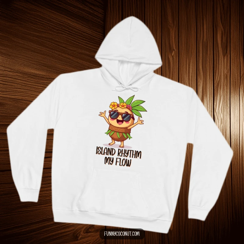 Funny hoodie depicting a joyful coconut wearing sunglasses, performing a spirited hula dance, bringing island vibes.